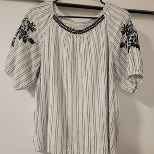 LOFT | White and Black Striped Blouse with Floral Embroidery